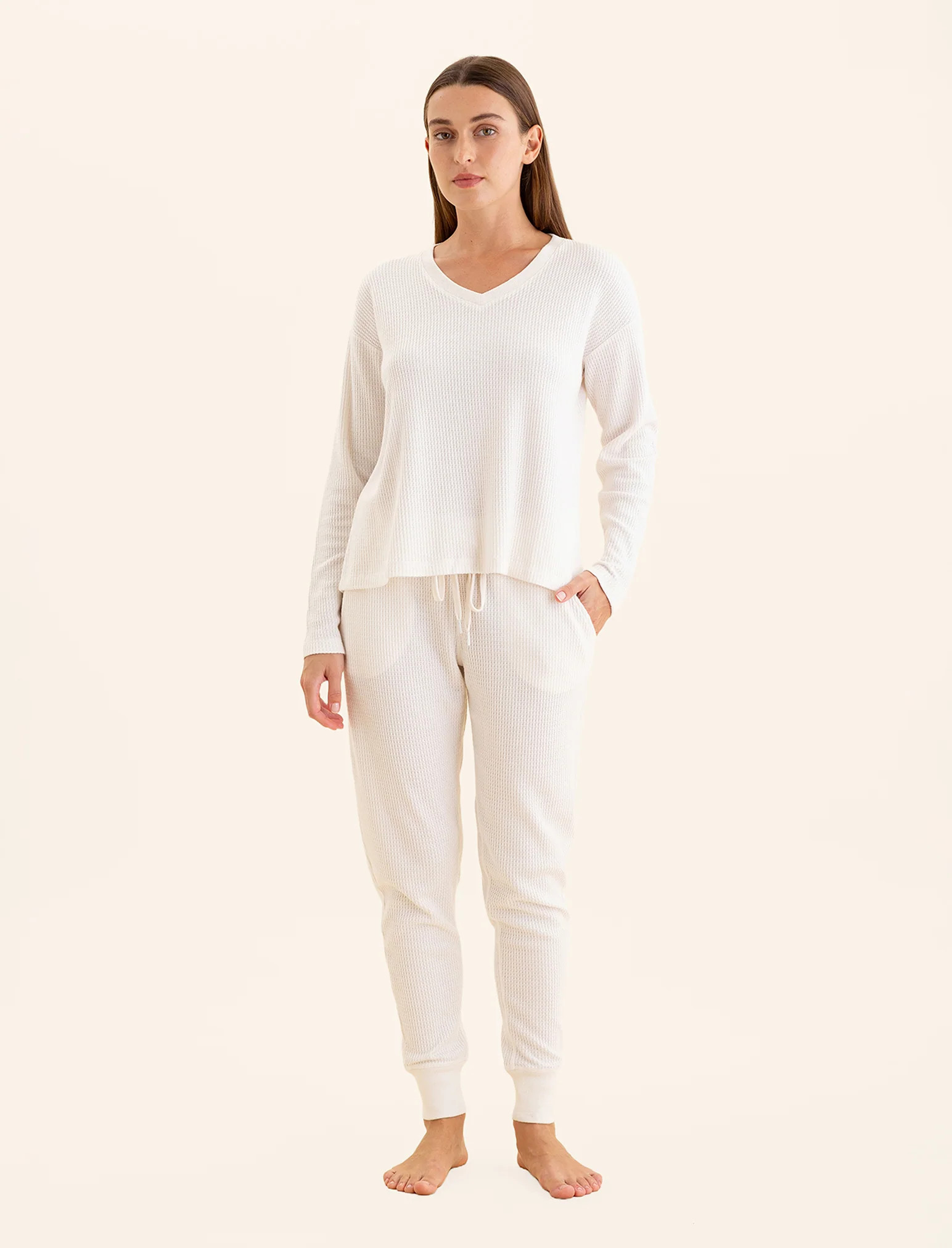 Super Soft Waffle V-Neck Long Sleeve Top & Jogger Set | Papinelle Sleepwear US