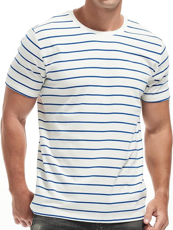 VEIISAR Men's Crewneck Striped T-Shirt Vintage Casual Cotton Tees Tops | Amazon (US)