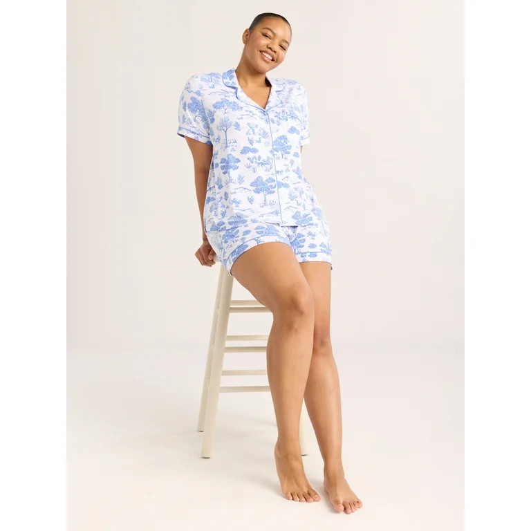 Joyspun Women’s Short Sleeve Knit Notch Collar Top and Shorts Pajama Set, 2-Piece, Sizes XS to ... | Walmart (US)