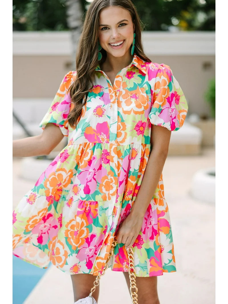 Redhotype Charm Spring with Pink Floral Puff Sleeve Collared Babydoll Dress | Walmart (US)