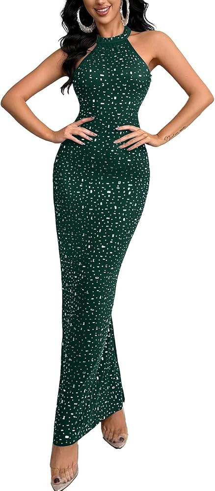 Women's Formal Dress Elegant Rhinestone Evening Gown Halter Neck Wedding Guest Dress | Amazon (US)