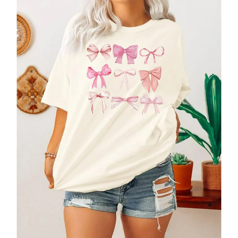 KimSoong Womens Bow Shirt Coquette Aesthetic T-Shirt Trendy Pink Bow Girly Tee Watercolor Pastel ... | Walmart (US)