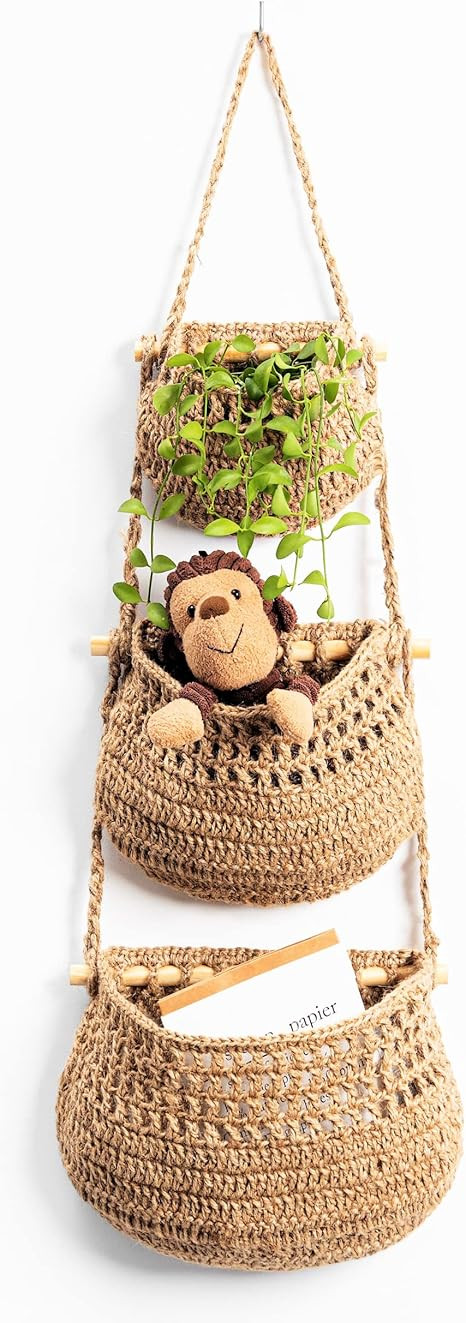 Hanging Fruit Basket, 3 Tier Woven Jute Wall Hanging Basket for Organizing, Hanging Produce Baske... | Amazon (US)