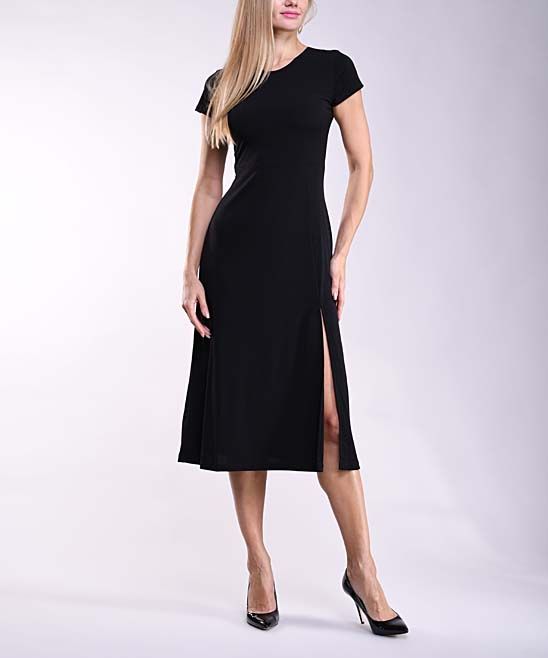 Lbisse Women's Casual Dresses Solid - Black Slit-Side Fit & Flare Dress - Women | Zulily