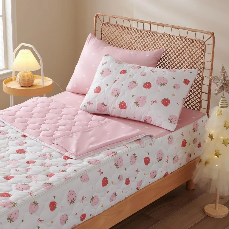 JOLUSERE Zipper Kids Comforter Set,3-Piece Twin Pink Strawberry Sweet Printed Zip Up Comforter Ki... | Walmart (US)
