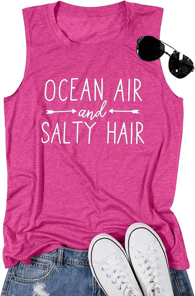 Beach Tanks for Women Ocean Air and Salty Hair Tank Top Funny Cruise Summer Sleeveless Family Vac... | Amazon (US)