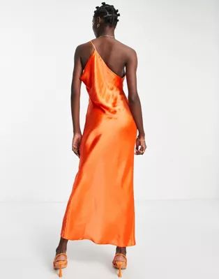 ASOS DESIGN satin asymmetric neck maxi dress with slit in orange | ASOS | ASOS (Global)