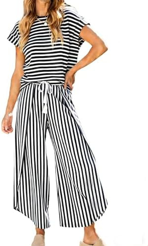 HangNiFang Womens Summer Striped 2 Piece Outfits Cap Sleeve Open Leg Pant Set Vacation Outfits Ma... | Amazon (US)