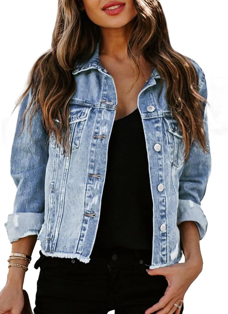 Sidefeel Women Long Sleeve Button Denim Jacket Distressed Ripped Jean Coat | Amazon (US)