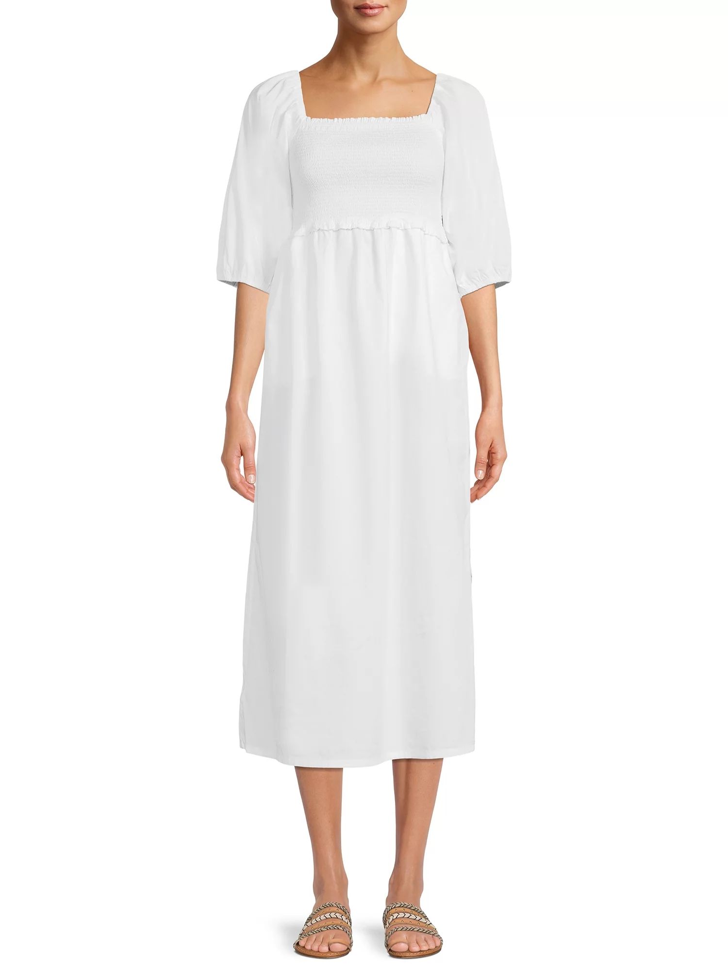 Free Assembly Women's Smocked Midi Dress with Convertible Sleeves - Walmart.com | Walmart (US)