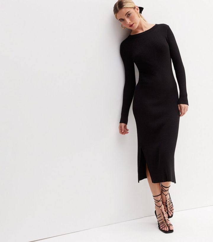 Black Ribbed Knit Crew Neck Long Sleeve Midi Dress | New Look | New Look (UK)
