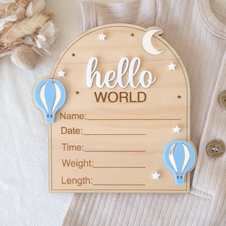 Hot Air Balloon Hello World | Baby Announcement Plaque | Newborn Birth Details | Newborn Announce... | Etsy (US)
