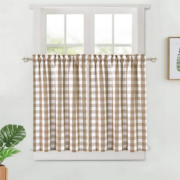 2 Pcs Polyester Small Plaid Curtain Valance, Farmhouse Kitchen Window Cafe Curtains - Walmart.com | Walmart (US)
