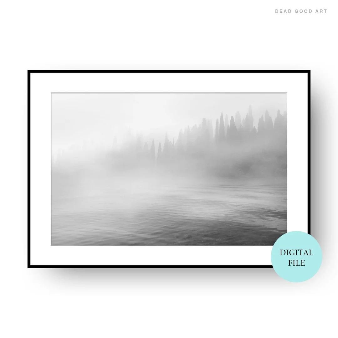 Misty Forest Lake Wall Decor, PRINTABLE ART, Digital Download, Black and white Print, Lake Forest... | Etsy (US)