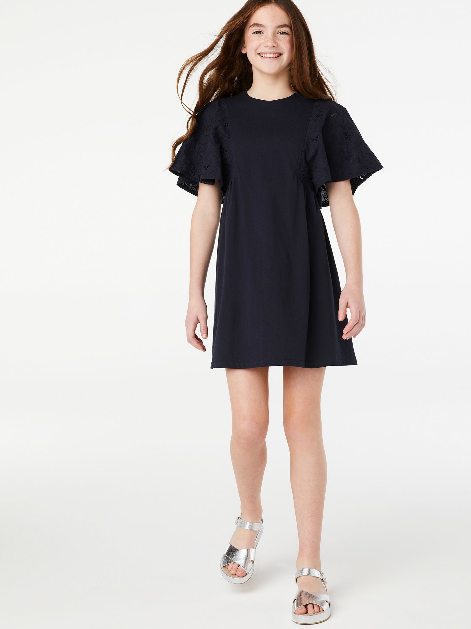 Free Assembly Girls Eyelet Sleeve Babydoll Dress, Sizes 4-18 | Walmart (US)