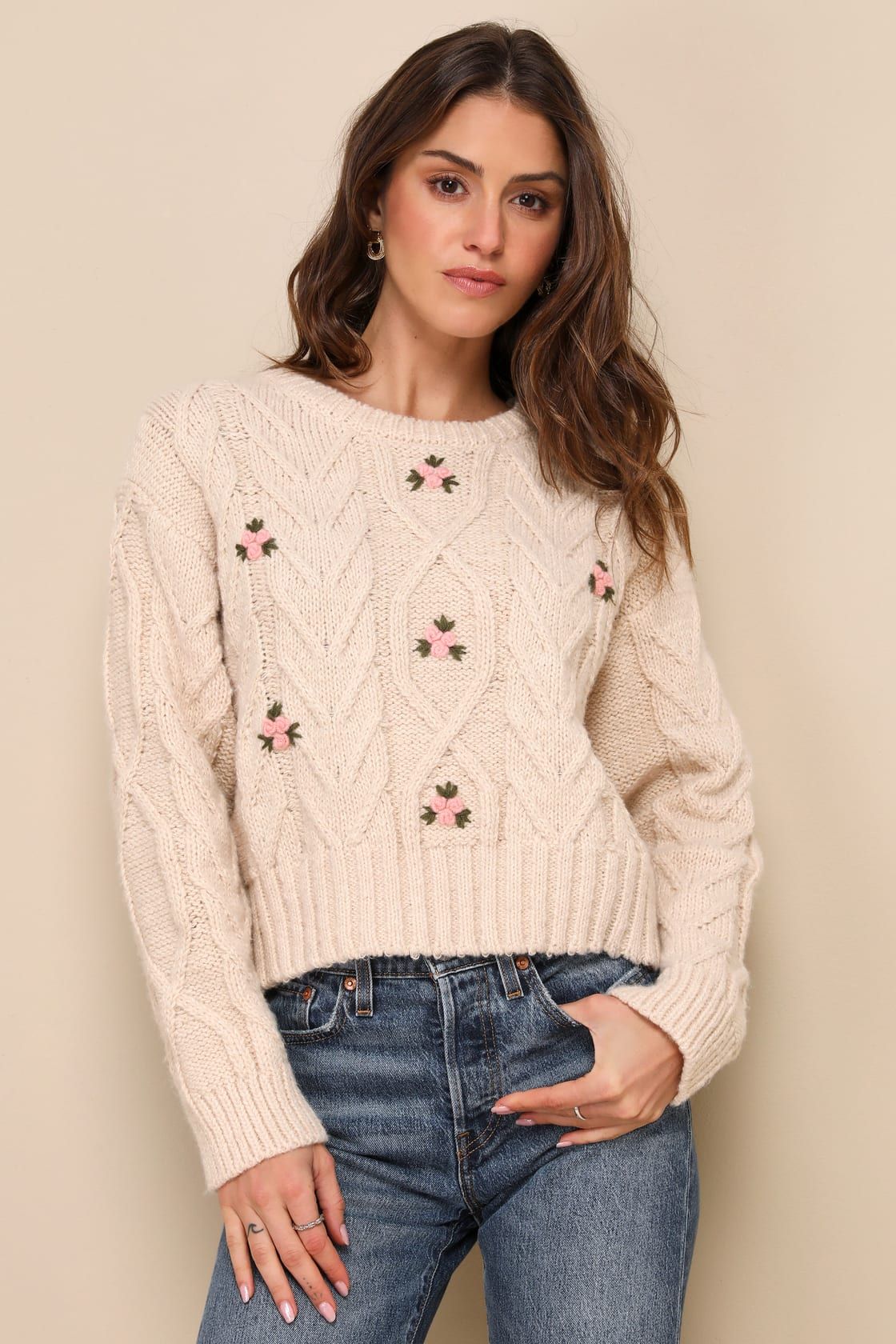 Cuddly Darling Beige Floral Cable Knit Pullover Sweater | Lulus