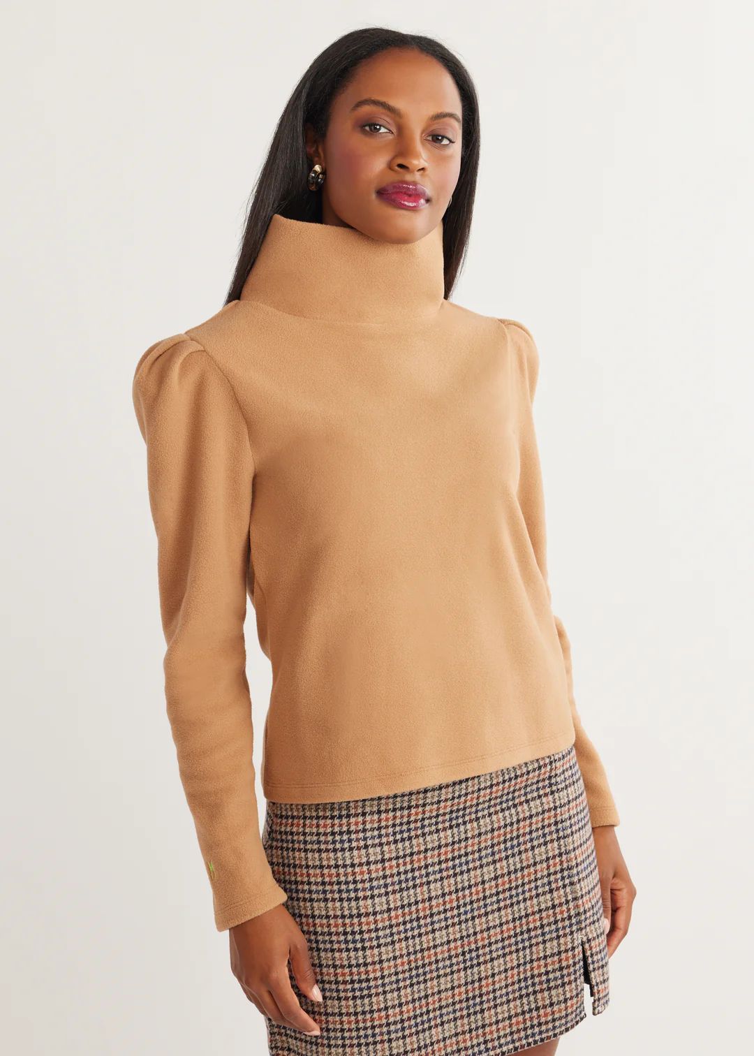 Palmer Puff Sleeve Turtleneck in Vello Fleece (Camel) | Dudley Stephens