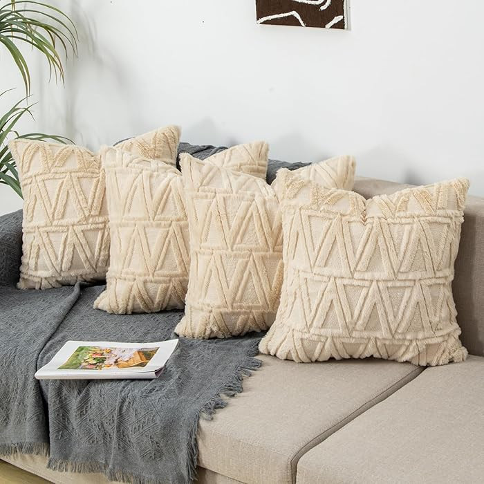 Decorative Throw Pillow Covers 18x18 Set of 4 for Sofa Couch Bed, Soft Faux Short Wool Velvet Boh... | Amazon (US)