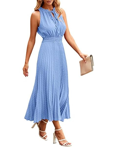 PRETTYGARDEN Women's Summer Casual Long Dress Sleeveless Halter Neck Swiss Dot Pleated Beach Maxi... | Amazon (US)