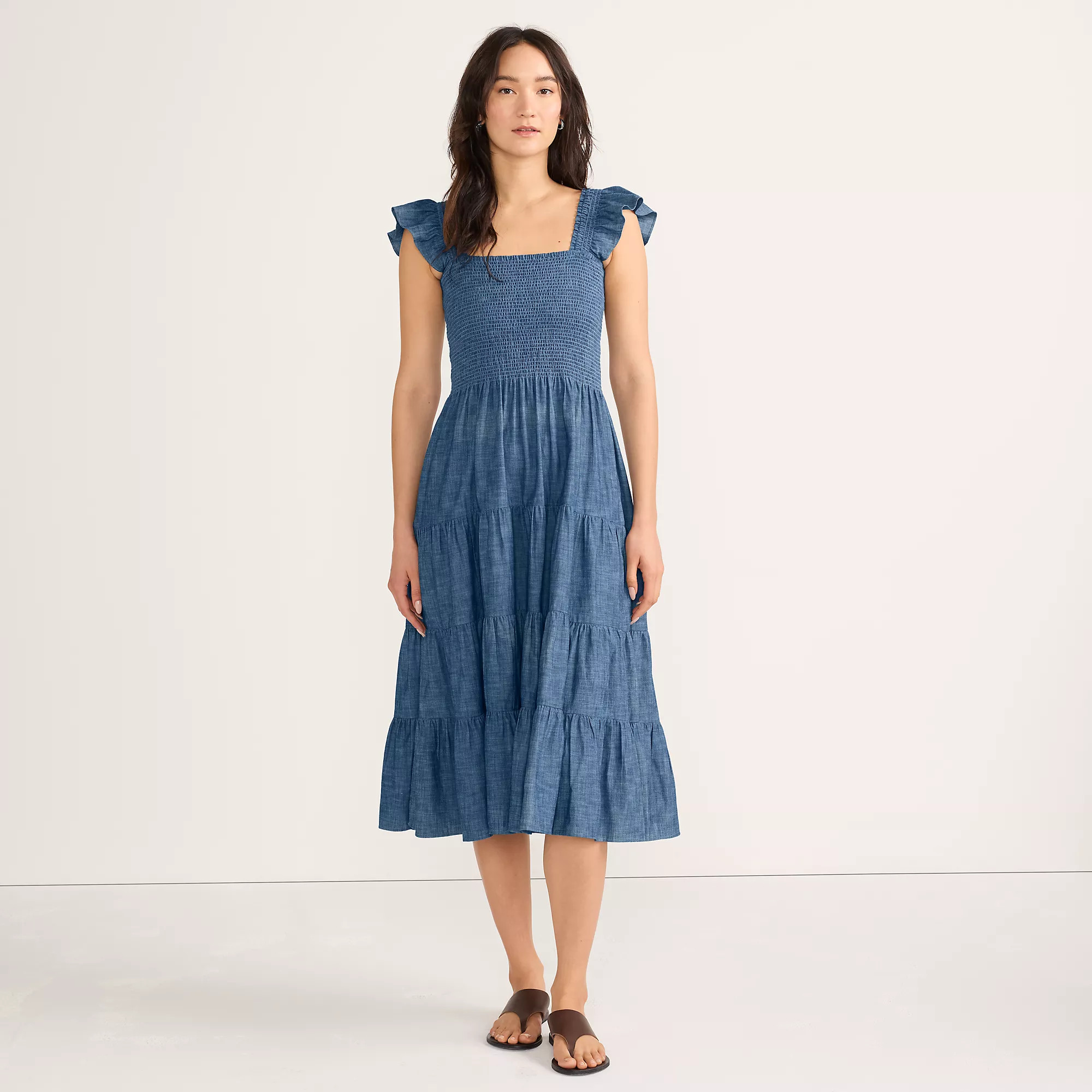 Women's Chambray Smocked Dress with Ruffle Straps | Lands' End (US)