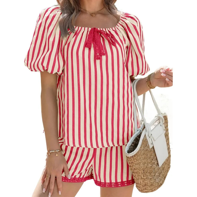 Short Sleeve Striped Print Women Casual 2 Pieces Tops and Shorts Set Outfit | Walmart (US)