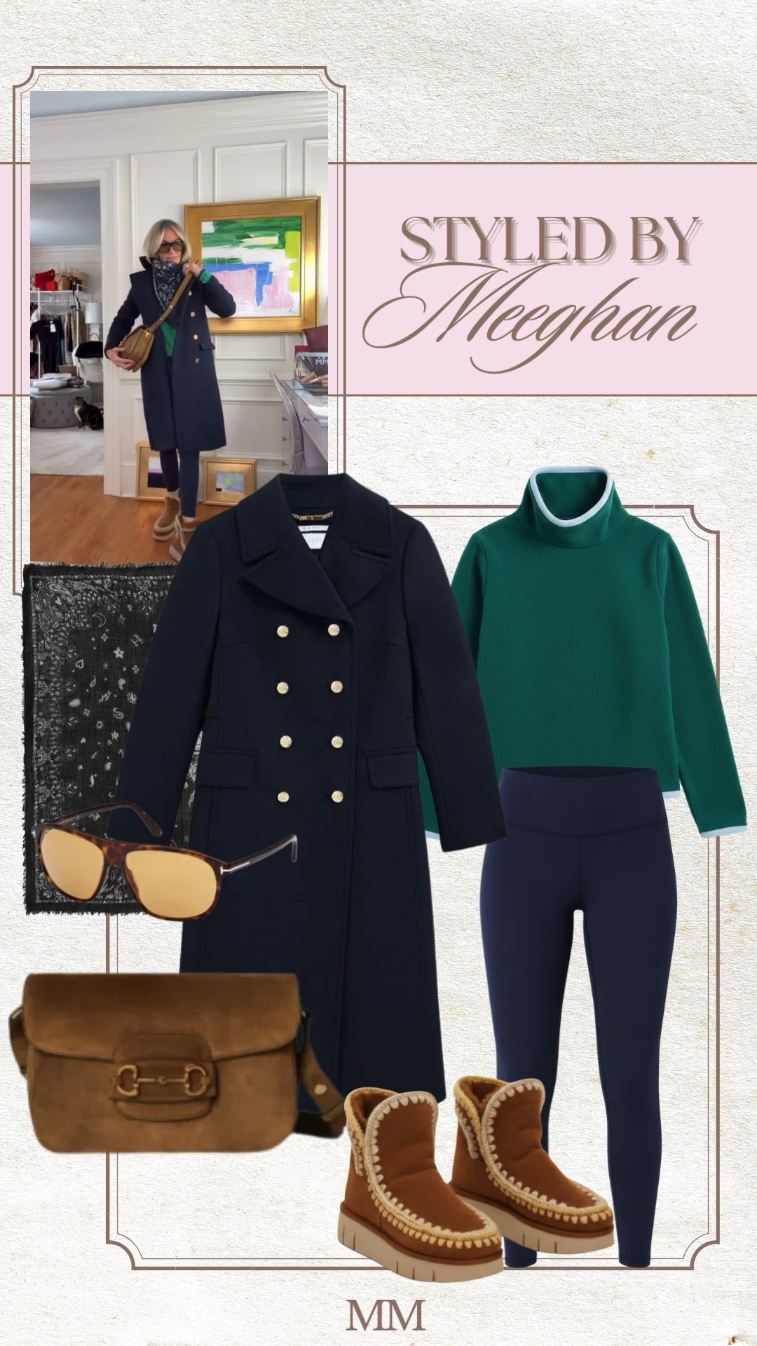 Pilates to errands in navy and green. Wearing a green mock neck sweatshirt with navy high waisted leggings layered under a tailored navy coat. Finished with cozy shearling boots, a brown leather crossbody bag, oversized sunglasses, and a printed scarf for an effortless off duty look. [navy leggings, green sweatshirt, tailored coat, shearling boots, brown crossbody bag, pilates outfit, athleisure style, fall outfit ideas]

#LTKgrwm #LTKfitnessgoals #LTKOver40