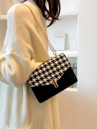 Metal Decor Houndstooth Pattern Flap Square Bag | SHEIN
