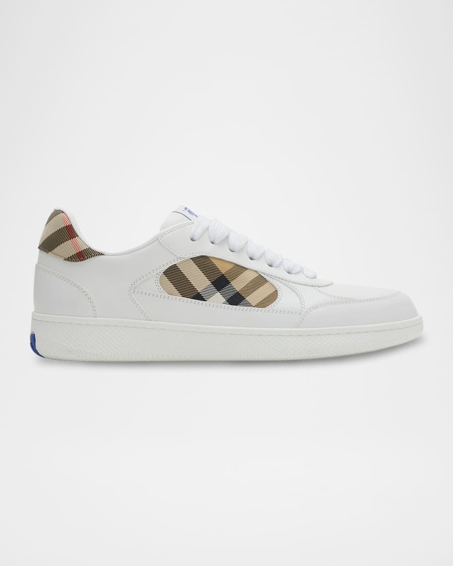 Burberry Men's Terrace Mix Leather and Check Low-Top Sneakers | Neiman Marcus