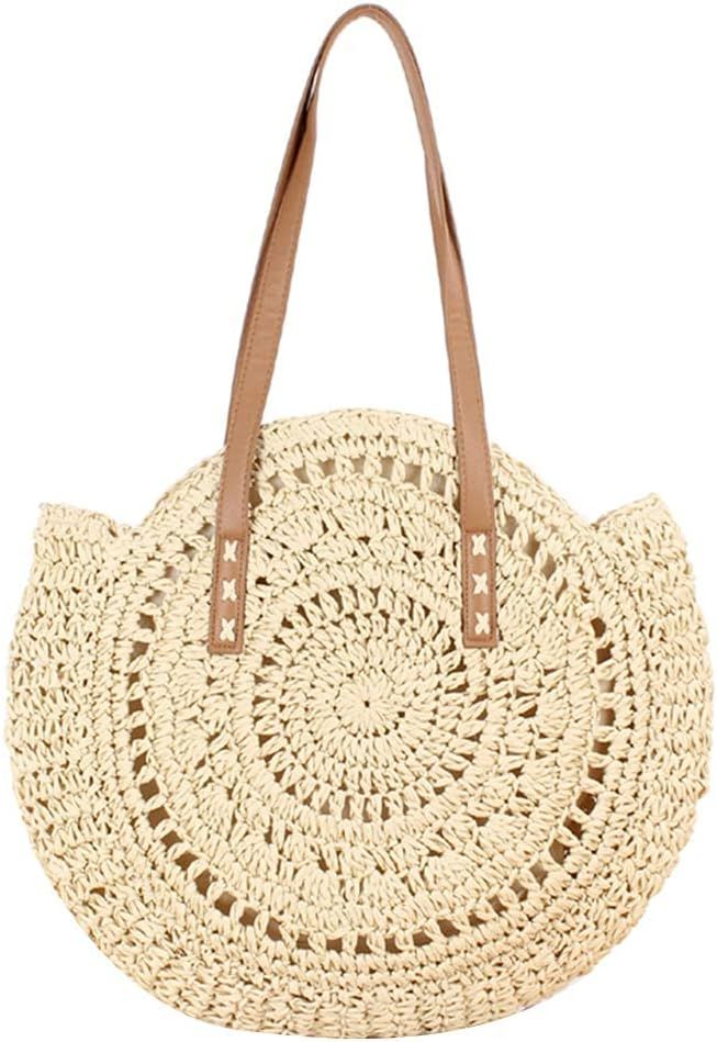 Straw Beach Bag with Zipper Large Woven Summer Boho Tote Handbag Rattan Wicker Purse for Shopping... | Amazon (US)