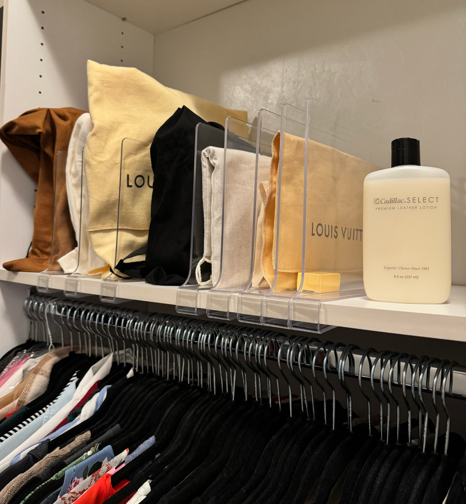 Closet Purse Organization 👜 👛 

closet shelf dividers | space saving hangers | velvet hangers | purse dust cover | dust cover storage bags | leather purse cleaner | leather purse moisturizer 

#LTKFindsUnder50 #LTKHome #LTKItBag