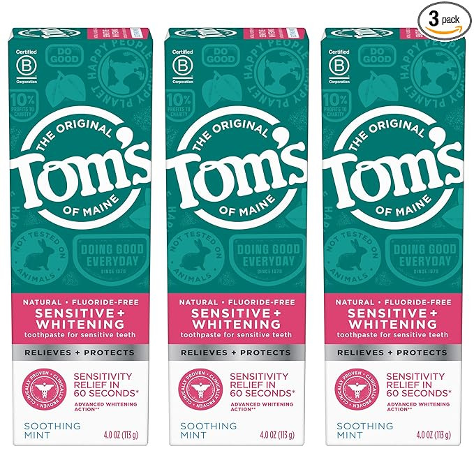 Tom's of Maine Sensitive + Whitening Fluoride Free Toothpaste,Soothing Mint 4.0 oz 3-Pack | Amazon (US)
