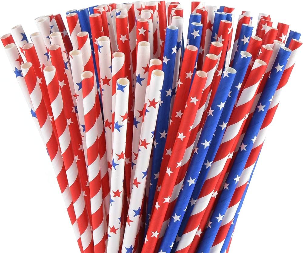 ALINK American Flag Red Blue White Paper Straws, 100 Stripe/Star Biodegradable Straws for Memoria... | Amazon (US)