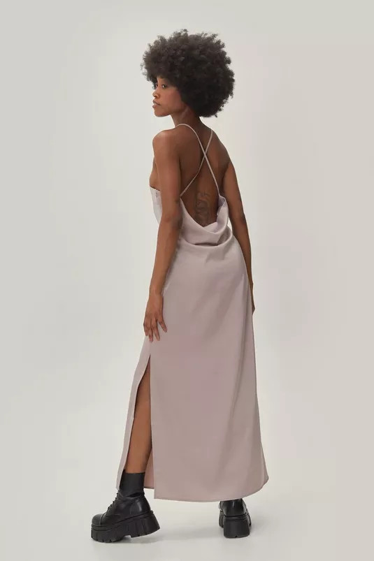 Petite Satin Cowl Back Split Side Maxi Dress | NastyGal (UK, IE)