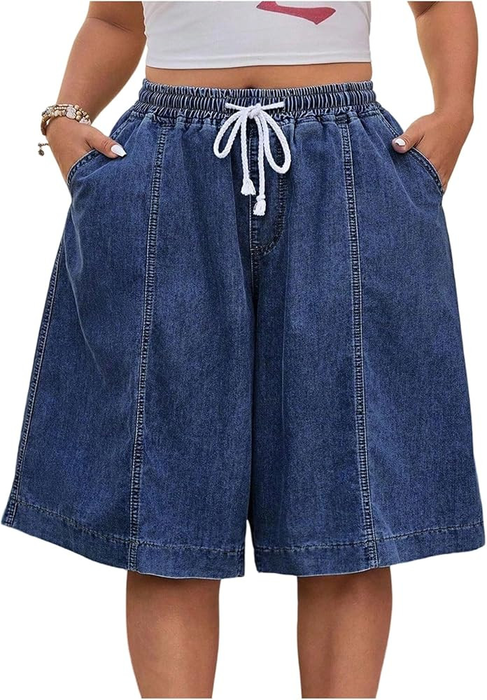 Verdusa Women's Plus Size Denim Baggy Jorts Wide Leg Knee Length Jean Shorts with Pockets | Amazon (US)
