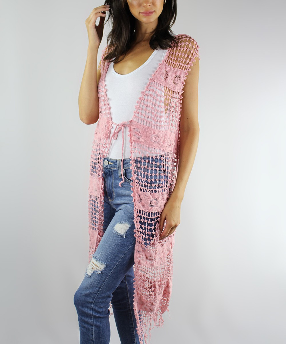 Simply Irresistible Women's Dusters Blush - Blush Floral Crochet Tassel-Hem Sleeveless Duster - Wome | Zulily