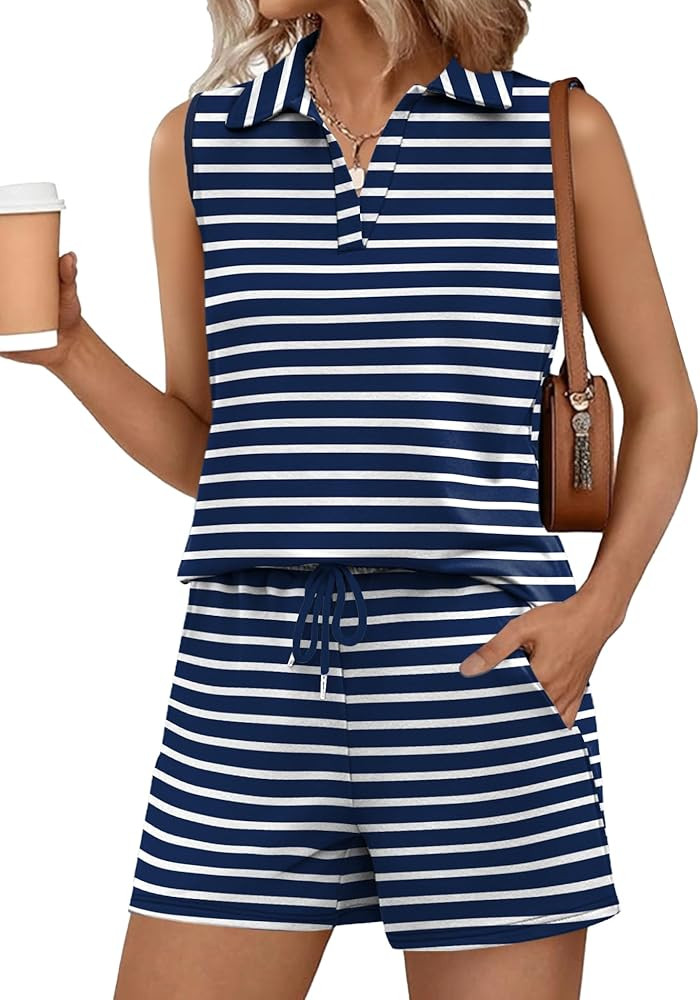 Rapbin Two Piece Short Sets for Women Sleeveless Matching Lounge Set V Neck Tops and Drawstring S... | Amazon (US)