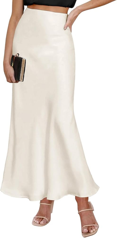 Satin Maxi Skirt Elastic High Waisted Silk A-Line Casual Elegant Flowy Long Skirts for Women | Amazon (US)
