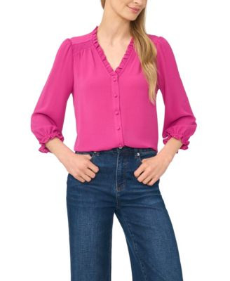 CeCe Women's Ruffled Button Front 3/4-Sleeve Blouse - Lush Green | Macy's