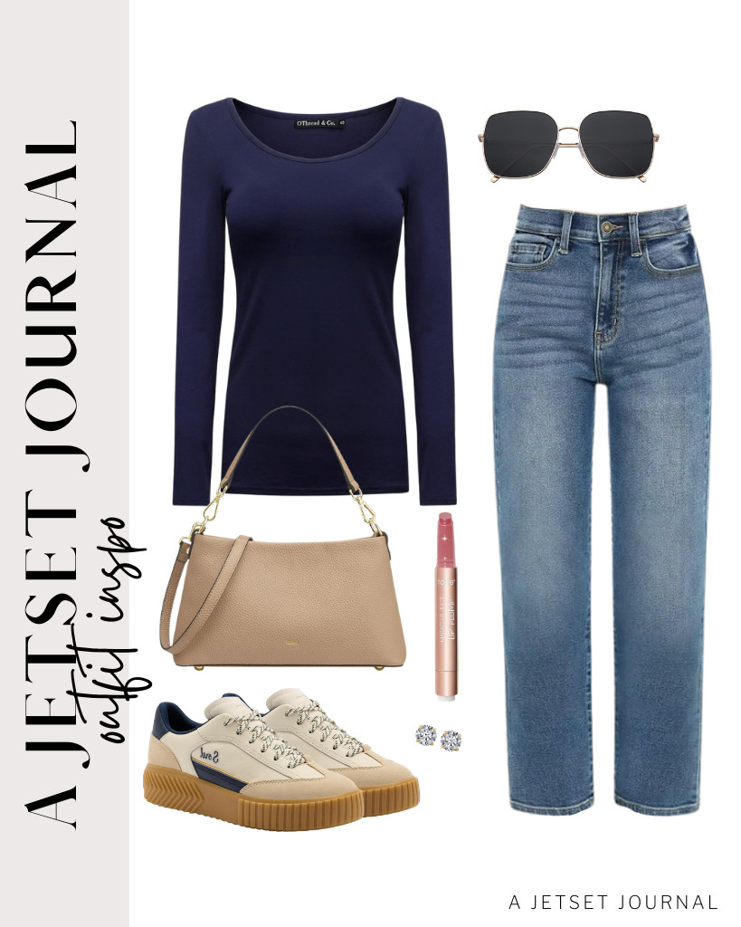 You can step into these Sorel sneakers and use a Kattee leather crossbody bag if you are wearing a navy OThread & Co. long-sleeve top and KDF straight-leg jeans. You can finish this chic look with SOJOS oversized metal-frame sunnies and stud earrings. 

 #LTKSeasonal #LTKSaleAlert #LTKTravel