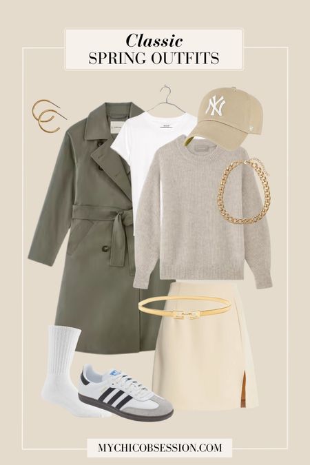 Create a spring outfit with these classic pieces. Start with another white tee, layered underneath a crewneck sweater. Next, add a mini skirt or skort. For shoes, make the look more casual by choosing a pair of Adidas Sambas and crew socks. Finish the look with an olive green blazer, a baseball hat, a thin gold belt, and gold jewelry. 

#LTKSeasonal #LTKstyletip