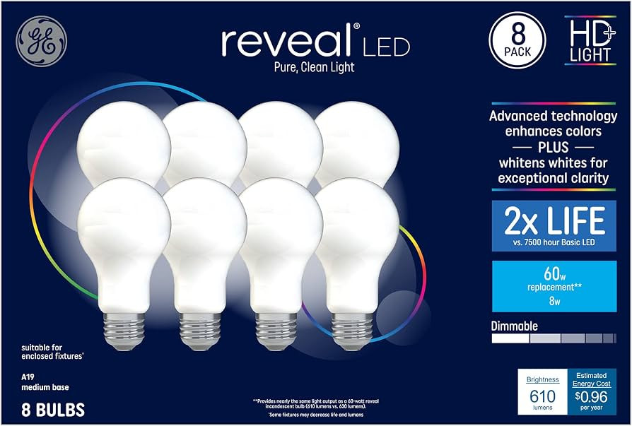 GE Reveal 8-Pack 60 W Equivalent Dimmable Color-Enhancing 2850K Warm White A19 LED Light Fixture ... | Amazon (US)