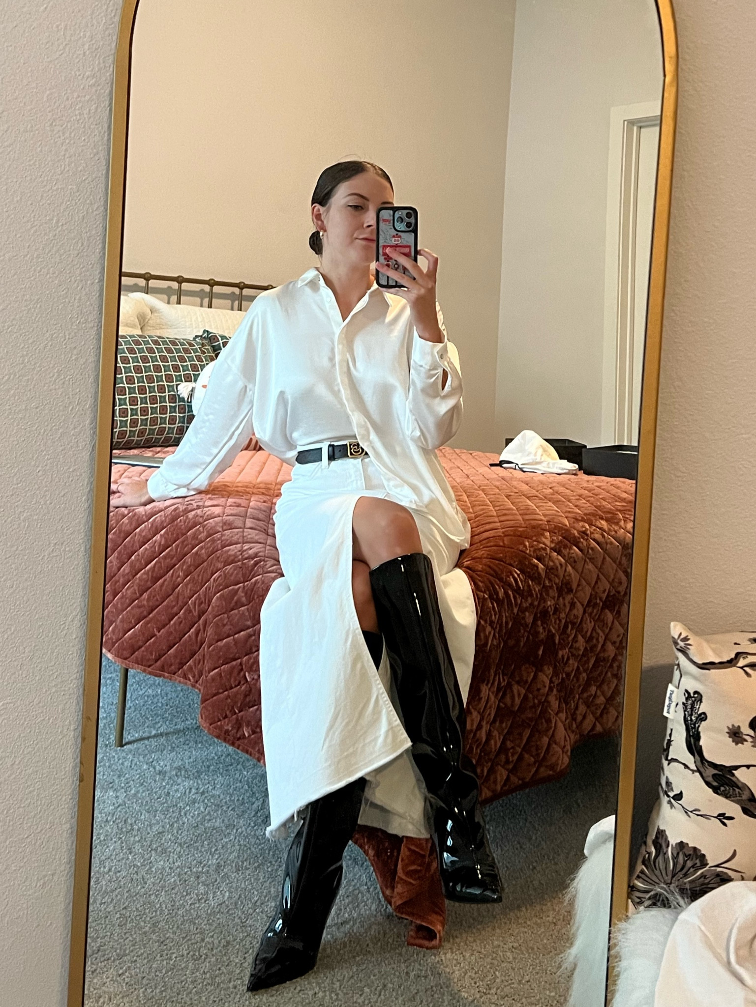 Loving these tall boots for fall paired with a fun silk button down 

Silk button down. Denim skirt. Knee boots. Patent leather boots  

#LTKSeasonal #LTKHoliday