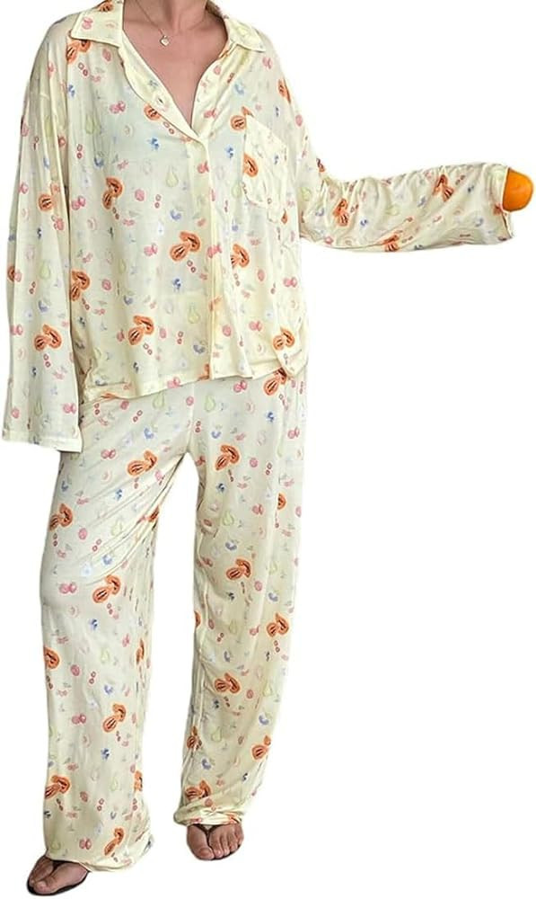 Creaion Y2k Two Piece Pj Lounge Set Long Sleeve Floral Fruit Print Shirt Pajamas Wide Leg Pants M... | Amazon (US)