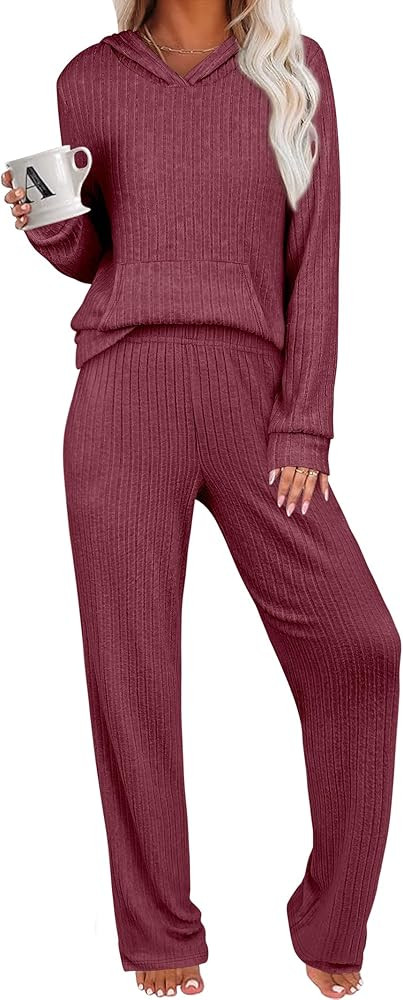 ANRABESS Women's 2 Piece Lounge Pajama Sets Ribbed Knit Long Sleeve Hoodies Tops Matching Pants C... | Amazon (US)
