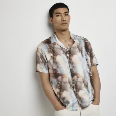 Brown marble print short sleeve revere shirt | River Island (UK & IE)