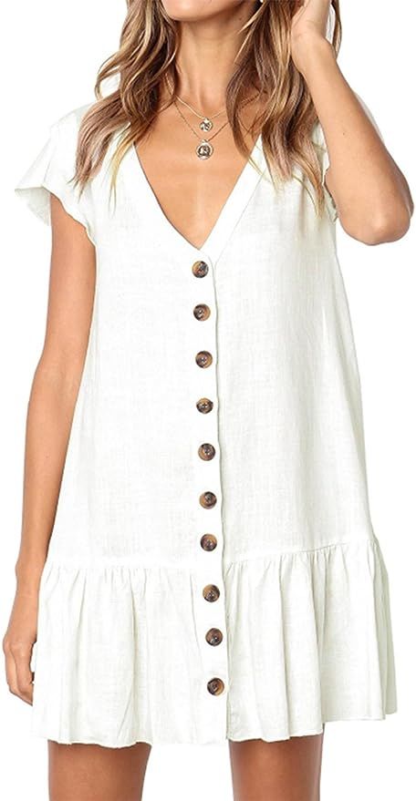 CAIYING Women Summer Stylish Ruffles V Neck Short Sleeve Button Down Loose Dresses | Amazon (CA)