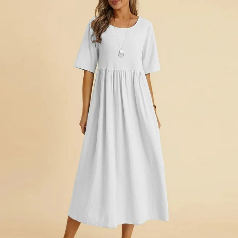 Munlar Women's Ruffle Midi Dress Loose Pleated White Long Dress Short Sleeve Summer Casual Sundre... | Walmart (US)
