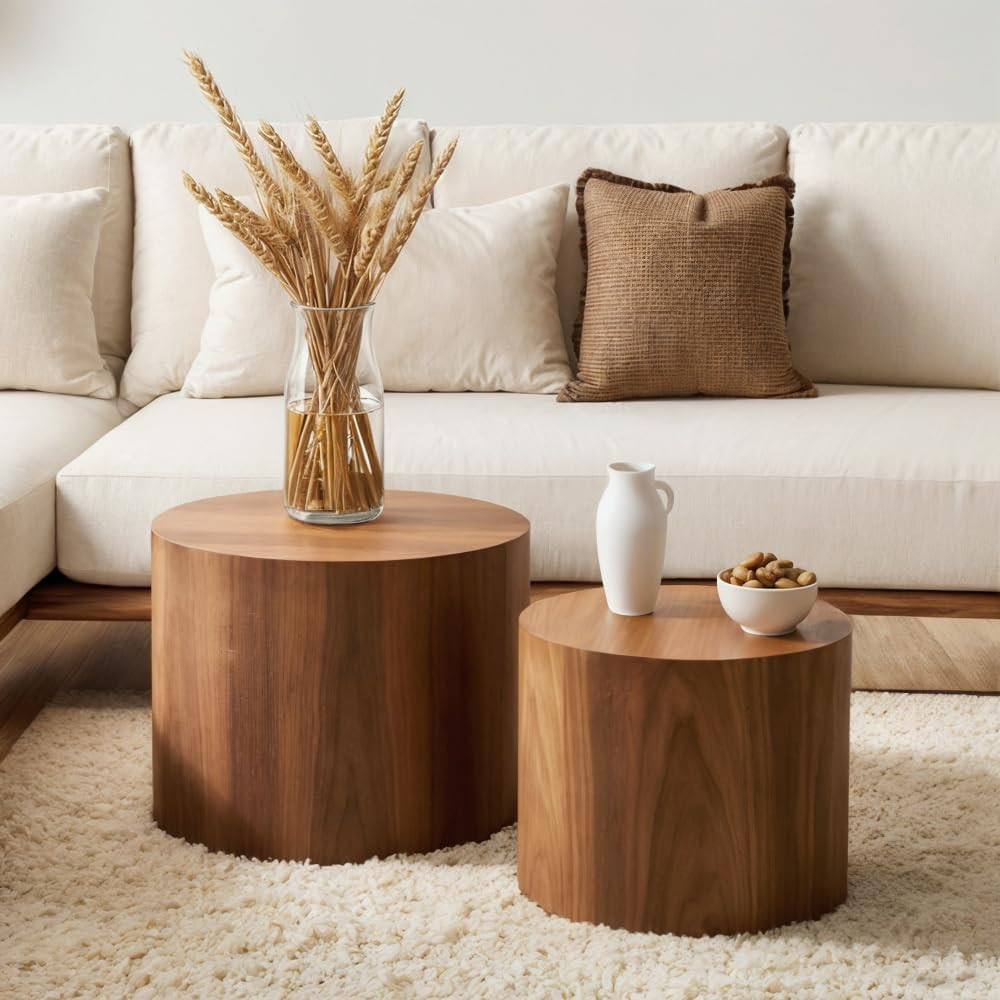 Nesting Coffee Table Set of 2, Modern Round Coffee Table with Non-Slip Feet, Walnut Wooden Circle Accent Tables for Small Spaces Living Room Bedroom Balcony Office Drum Side Table (Walnut) | Amazon (US)