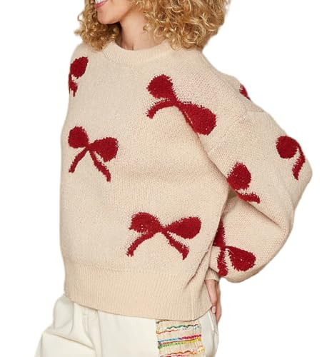 Women Y2K Bow Sweater Top Crew Neck Oversized Pullover Jumper Cute Print Long Sleeve Knit Sweater Streetwear Red Beige | Amazon (US)
