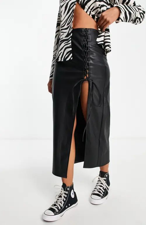 Topshop Lace Up Faux Leather Midi Skirt in Black at Nordstrom, Size 10 Us | Nordstrom